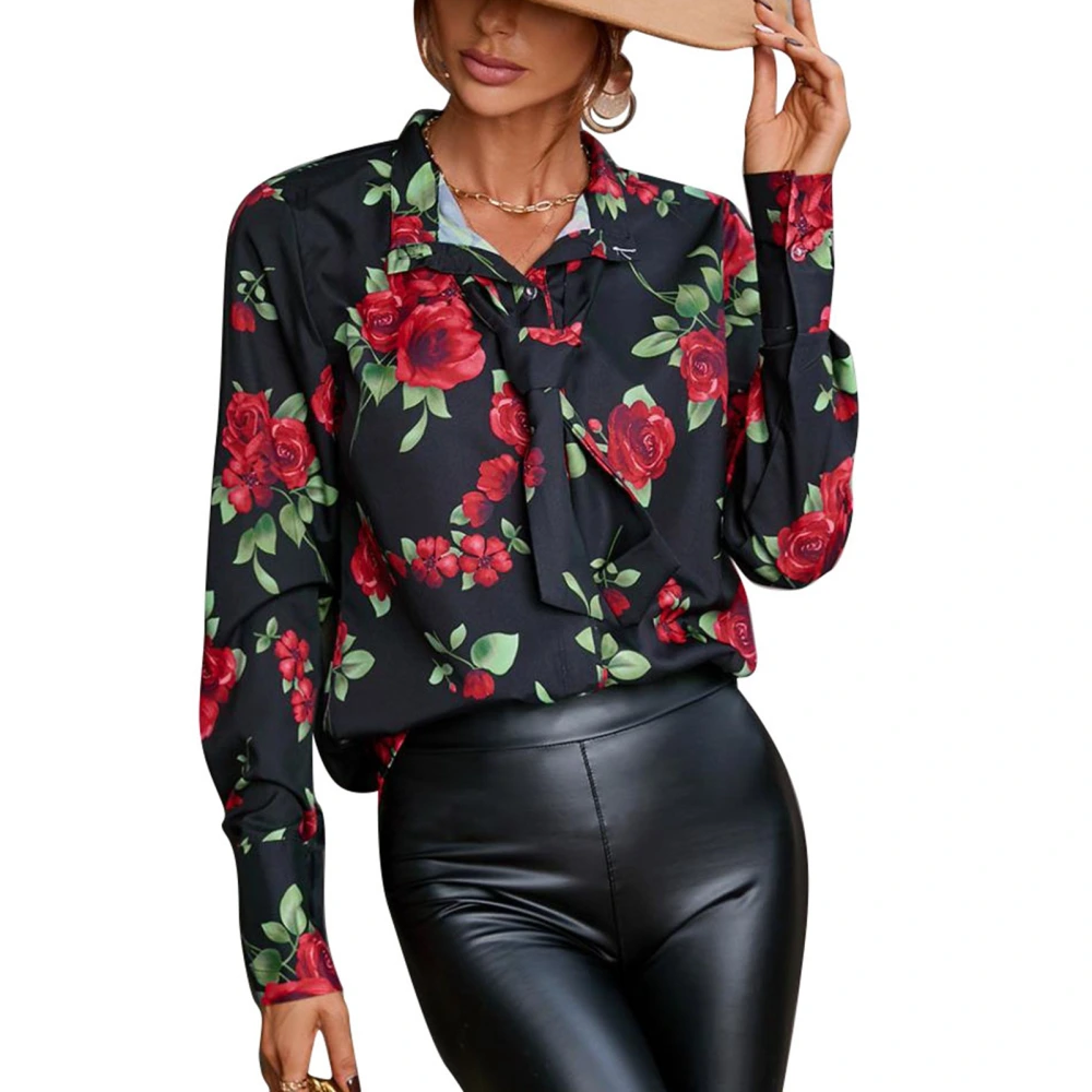 Women V Neck Shirt Long Sleeves Single Breasted Casual Loose Fit Printing Blouses with Necktie Large Floral M