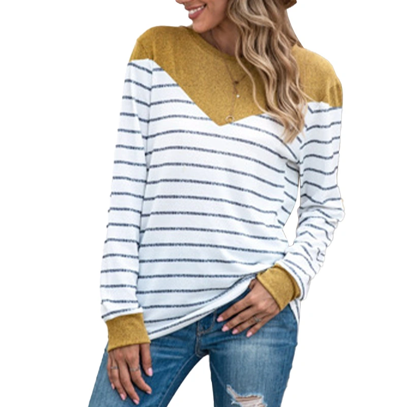 Loose Sweatshirt Top Round Neck Striped Design Breathable Skin Friendly Patchwork Women Long Sleeve Sweatshirt for Home Ginger S