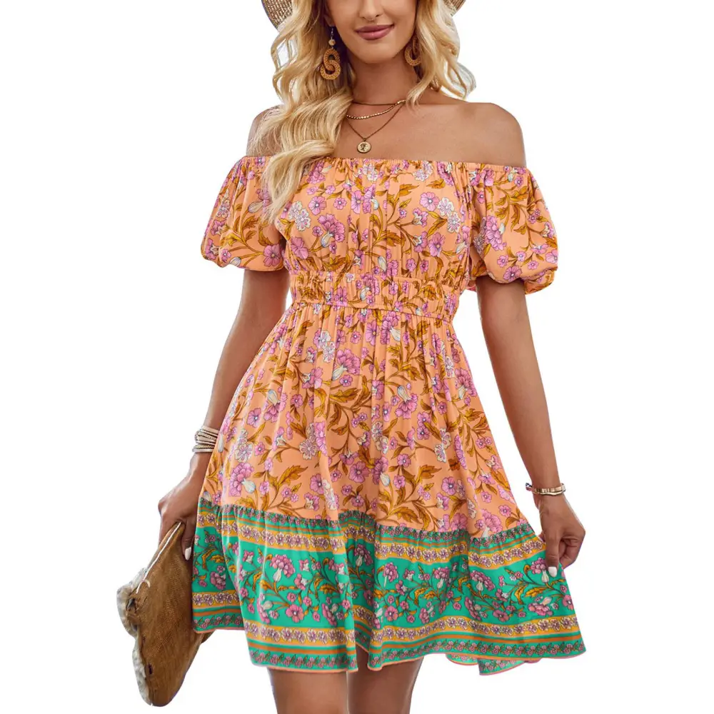 Off Shoulder Printed Short Dress Loose Fitted Fashionable Off Shoulder Short Sleeve Dress for Women Orange XL