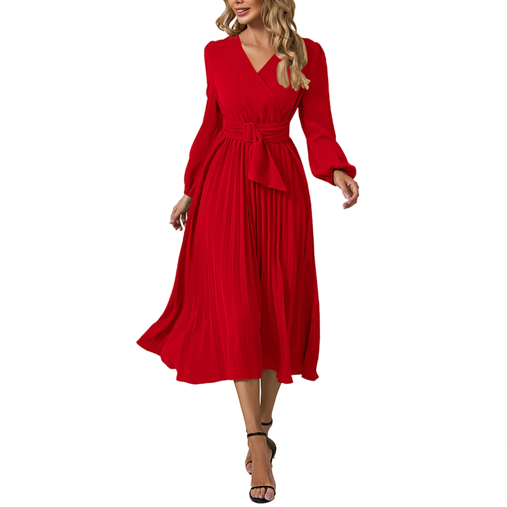 Wrap V Neck Pleated Dress Long Sleeve Plain Color Puff Sleeve Cinched Waist Surplice Neck Pleated Dress Red M