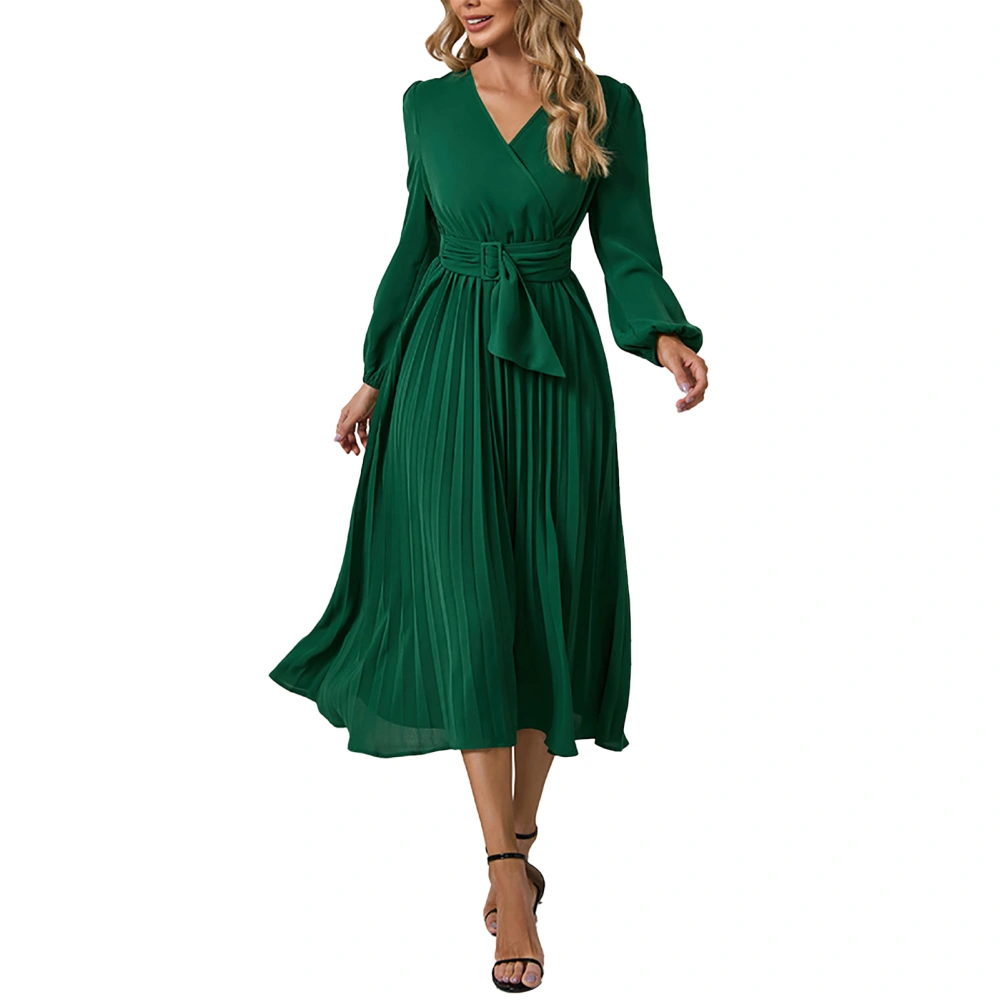 Wrap V Neck Pleated Dress Long Sleeve Plain Color Puff Sleeve Cinched Waist Surplice Neck Pleated Dress Green M