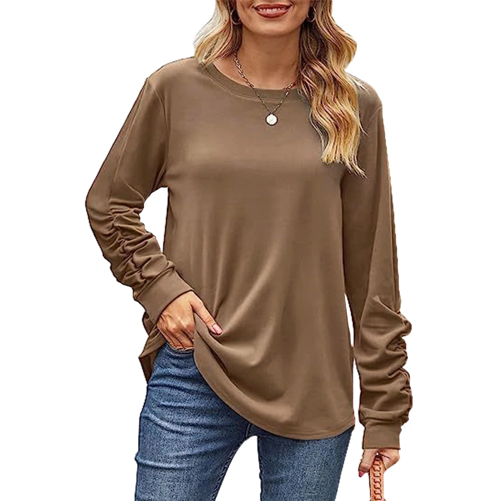 Ruched Cuff Long Sleeve Blouse Casual Fitted Plain Color Round Neck Ruched Cuff Blouse Coffee XL