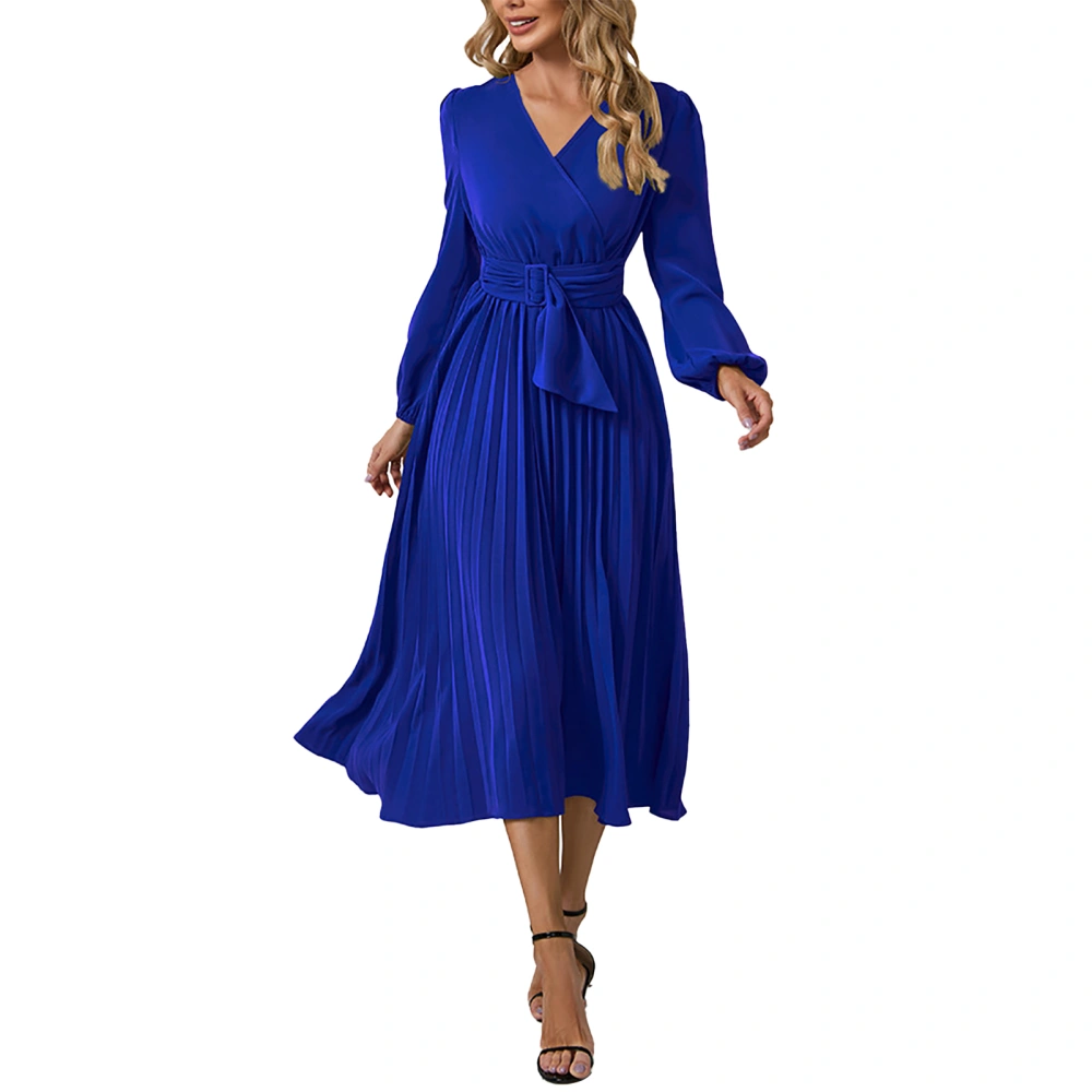 Wrap V Neck Pleated Dress Long Sleeve Plain Color Puff Sleeve Cinched Waist Surplice Neck Pleated Dress Dark Blue M