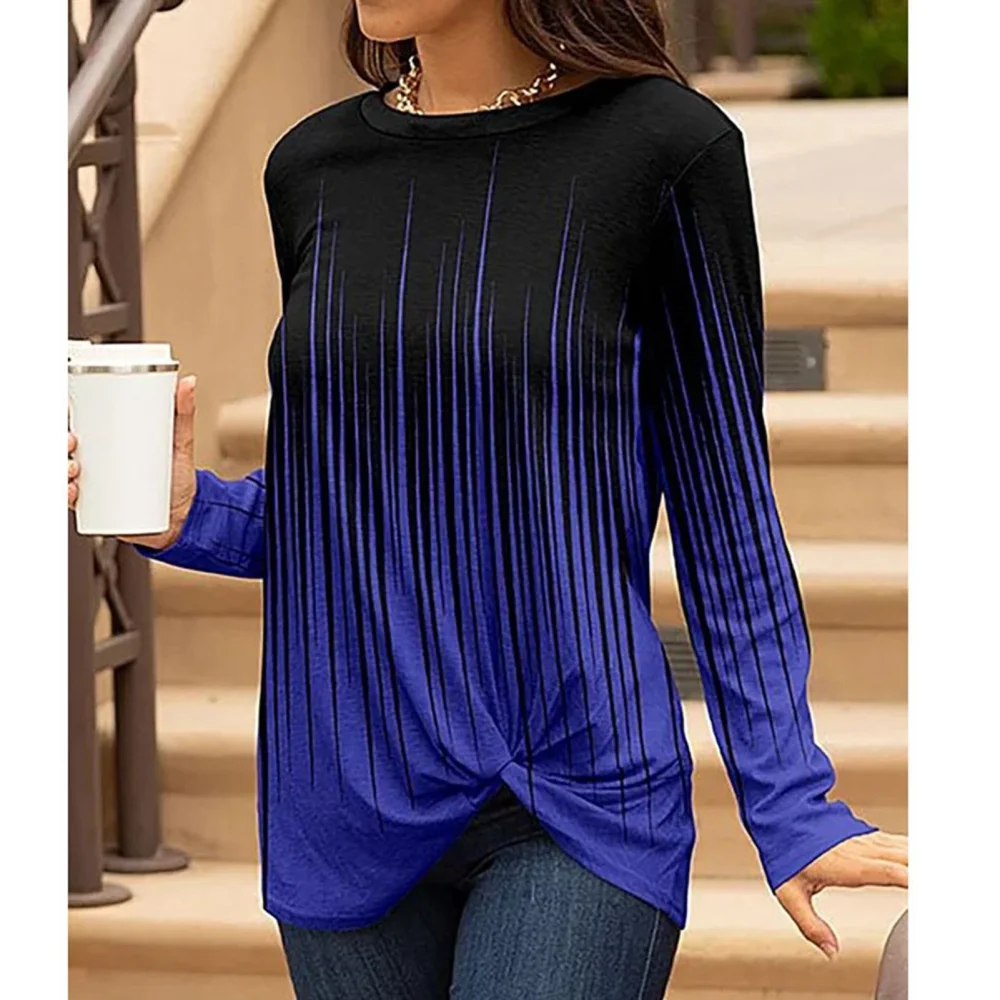 Women Stripe Printing Casual Blouse Twist Knot Front Round Neck Shirt Long Sleeve Loose Stripe Print Pullover Blouse Blue L