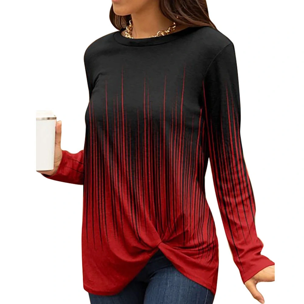 Women Stripe Printing Casual Blouse Twist Knot Front Round Neck Shirt Long Sleeve Loose Stripe Print Pullover Blouse Red L