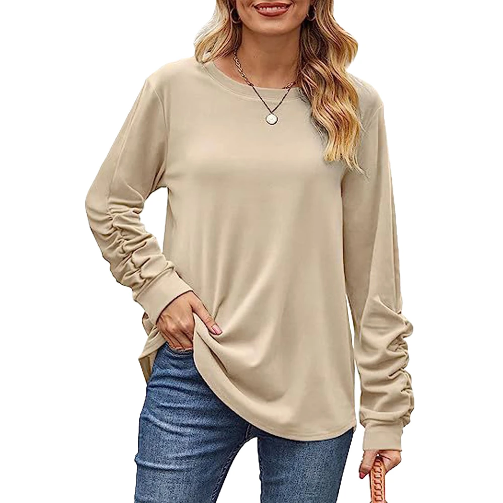 Ruched Cuff Long Sleeve Blouse Casual Fitted Plain Color Round Neck Ruched Cuff Blouse Apricot M