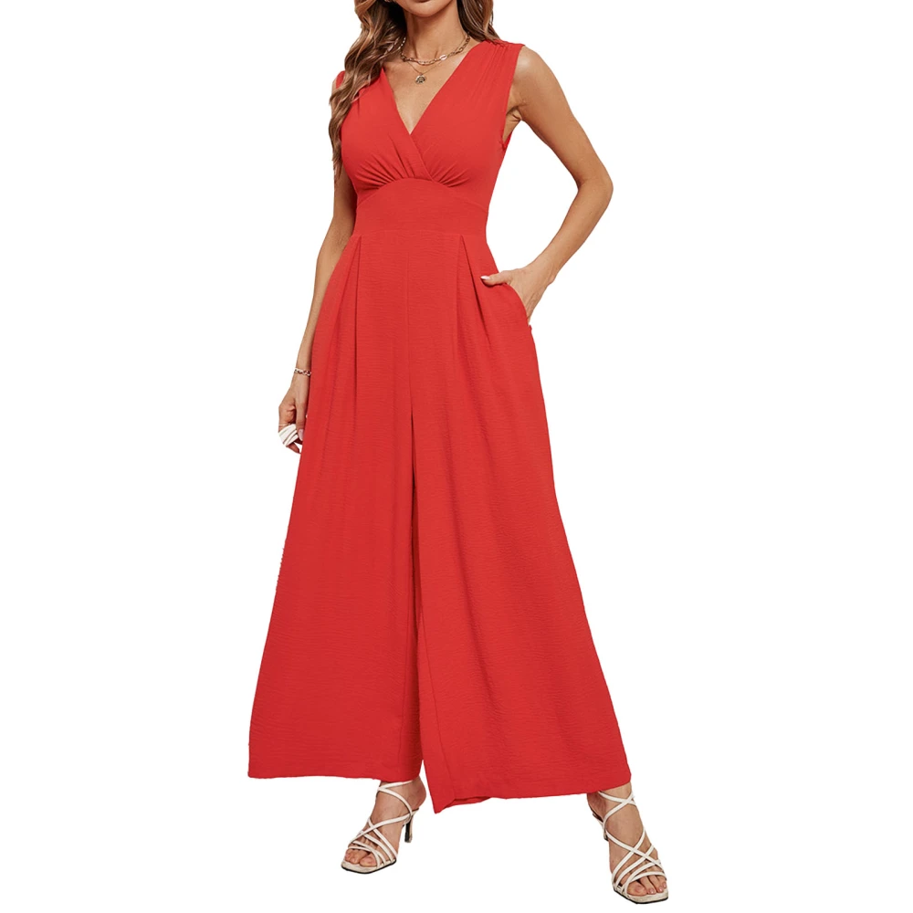 Women Wrap V Neck Jumpsuit Slim Waist Sleeveless Summer One Piece Wide Leg Pants Outfits Red M