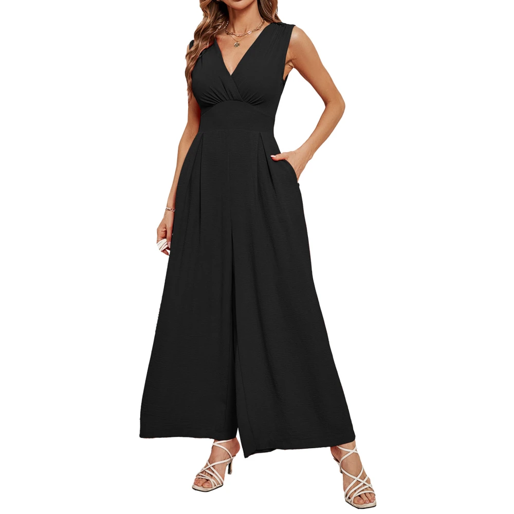 Women Wrap V Neck Jumpsuit Slim Waist Sleeveless Summer One Piece Wide Leg Pants Outfits Black M