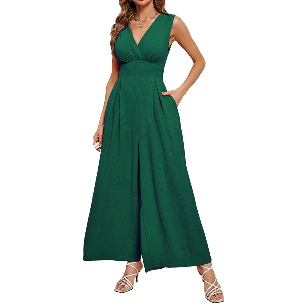 Women Wrap V Neck Jumpsuit Slim Waist Sleeveless Summer One Piece Wide Leg Pants Outfits OD Green L