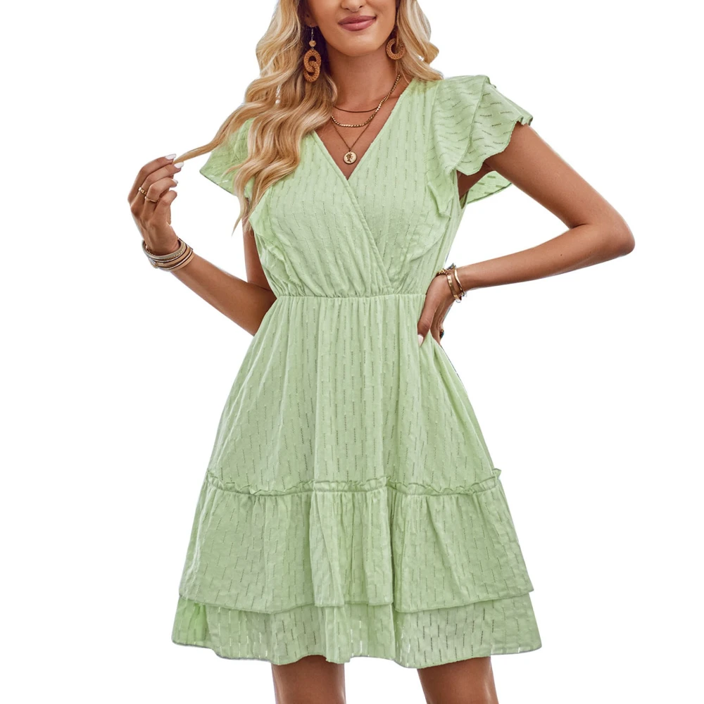 Wrap V Neck Short Dress Cinched Waist Frill Trim Pure Color Ruffle Sleeve Wrap V Neckline Dress Green L