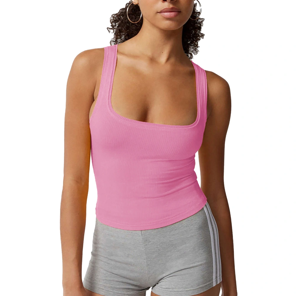 Women Sleeveless Tank Top Slim Fitting Pure Color Summer Wide Neck Vest for Daily Wear Pink L