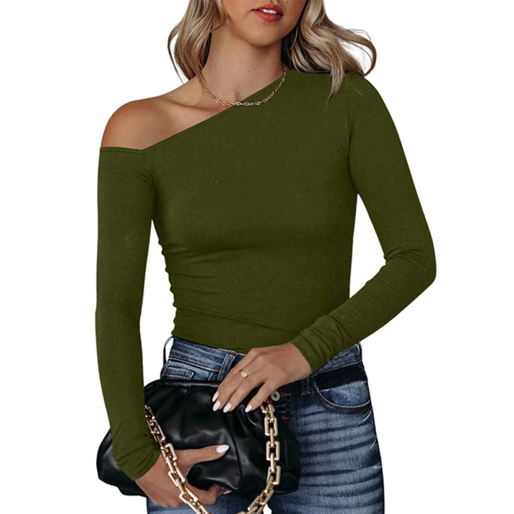 One Shoulder Long Sleeve Blouse Elastic Simple Fashionable Plain Color One Shoulder Blouse Green S