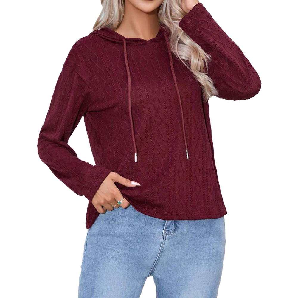 Women Hooded Top Drawstring Loose Casual Pure Color Fashionable Pullover Long Sleeve Sweatshirt for Shopping Party Wine Red S