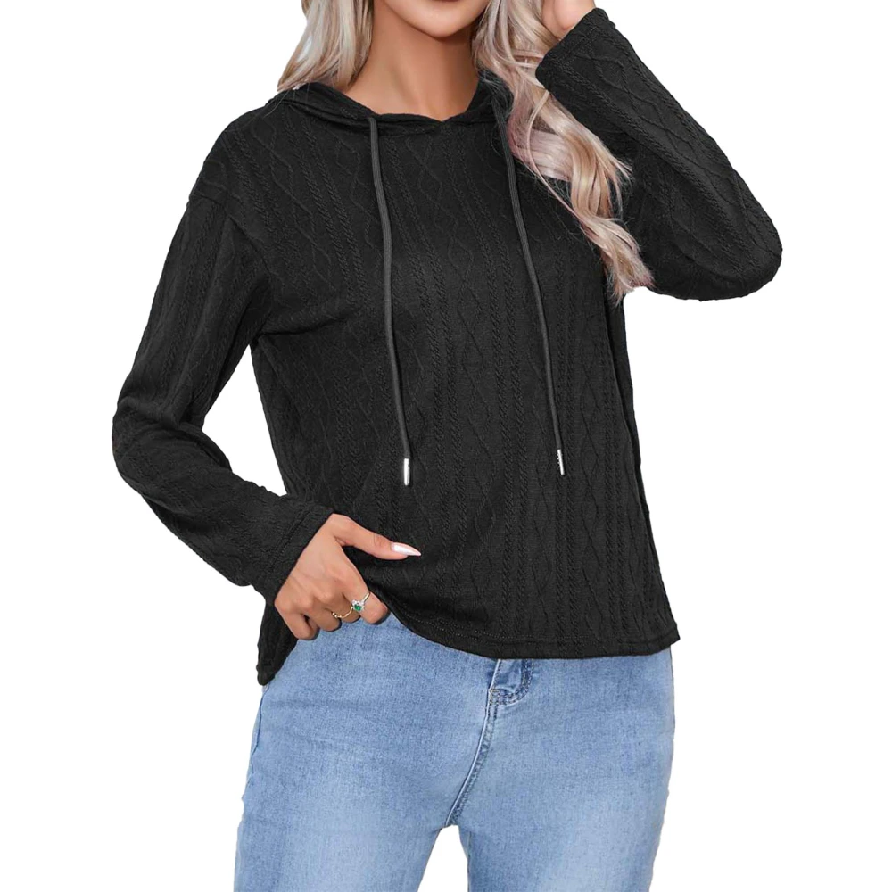 Women Hooded Top Drawstring Loose Casual Pure Color Fashionable Pullover Long Sleeve Sweatshirt for Shopping Party Black M