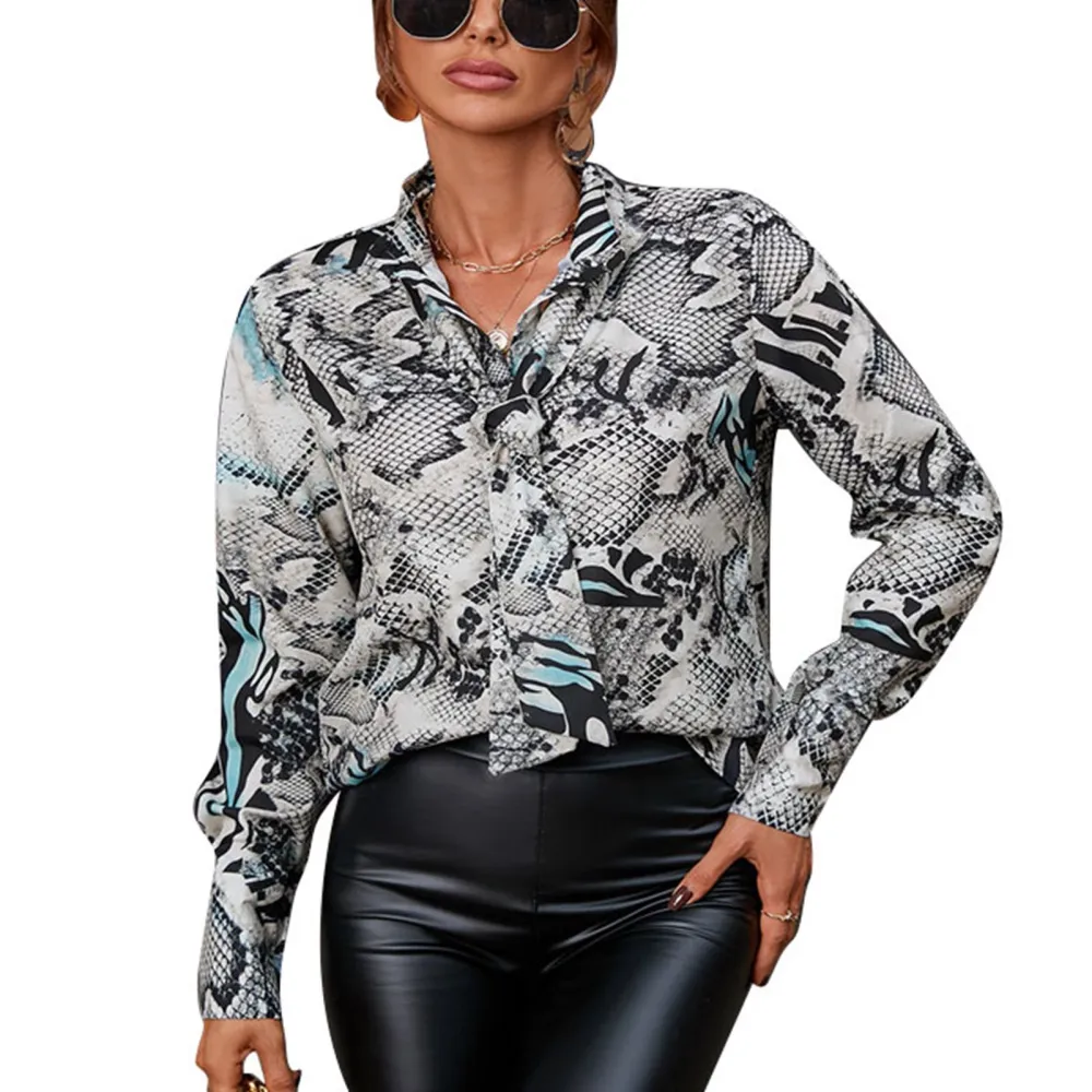 Women V Neck Shirt Long Sleeves Single Breasted Casual Loose Fit Printing Blouses with Necktie Snakeskin XXL