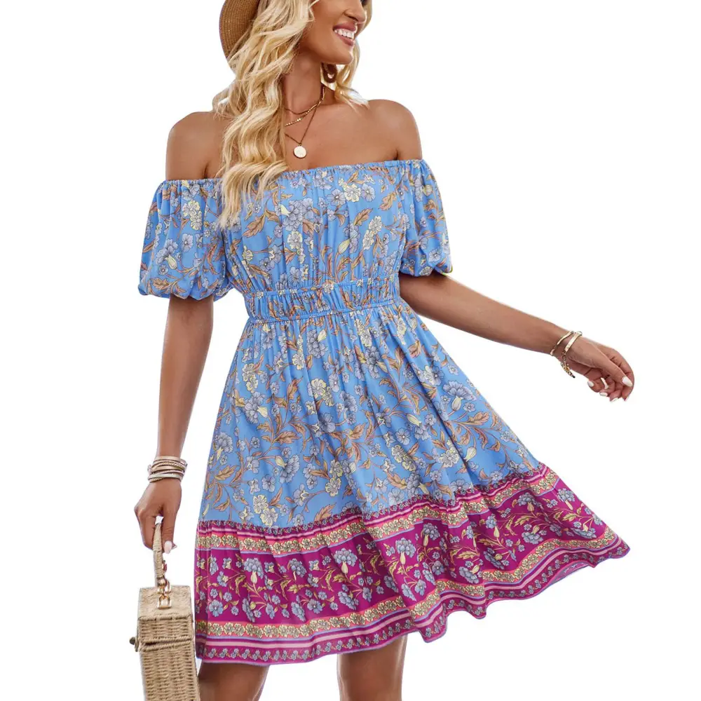 Off Shoulder Printed Short Dress Loose Fitted Fashionable Off Shoulder Short Sleeve Dress for Women Haze Blue L