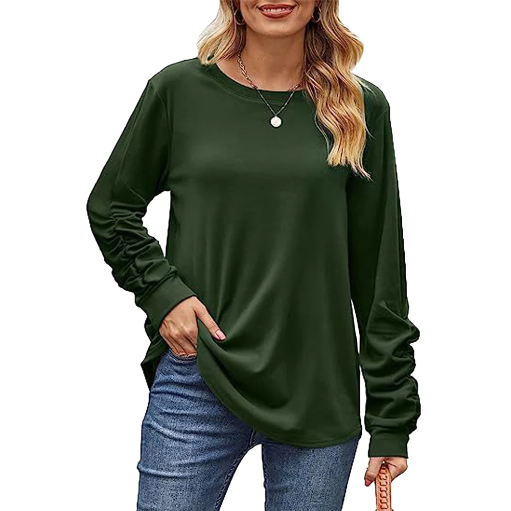 Ruched Cuff Long Sleeve Blouse Casual Fitted Plain Color Round Neck Ruched Cuff Blouse Dark Green XXL