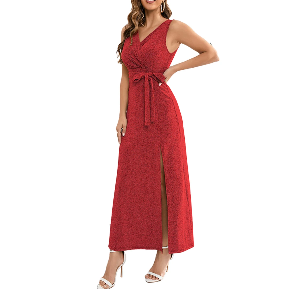 Sleeveless Slim Fitted Gown Dress Side Split Glittering Fashionable Cross V Neckline Gown Dress Red M