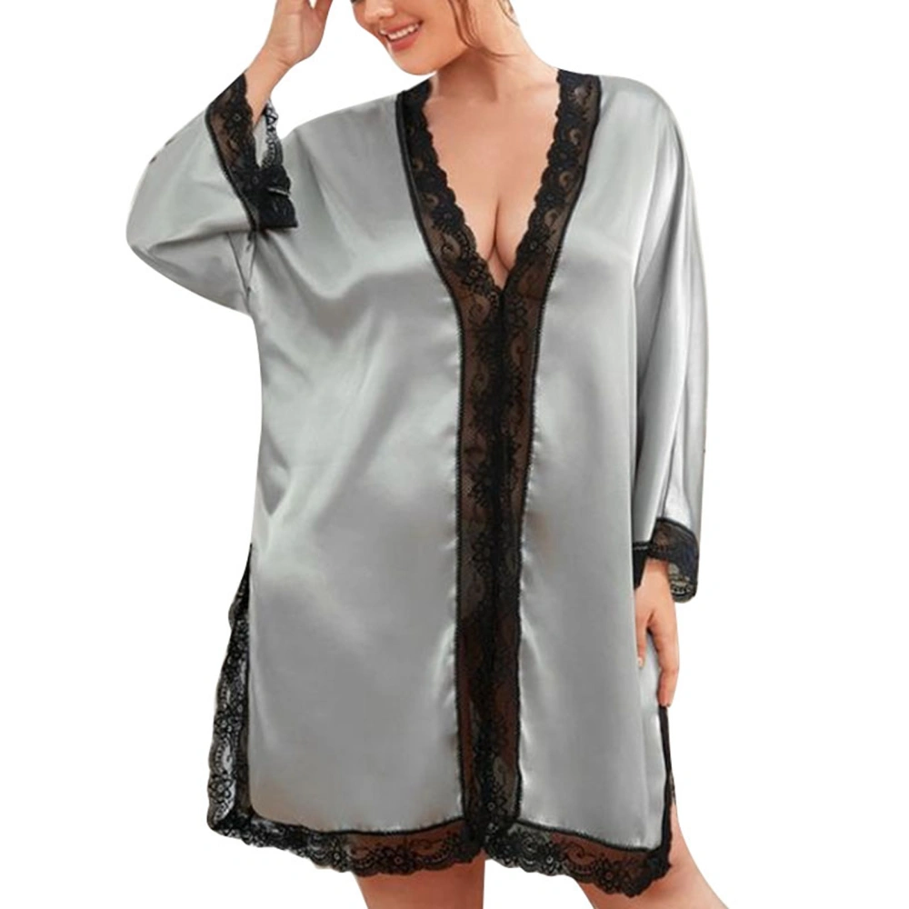 Women Long Sleeves Sleepwear Dress Deep V Neck Lace Splicing Split Hem Casual Nightwear Pajamas Grey 3XL