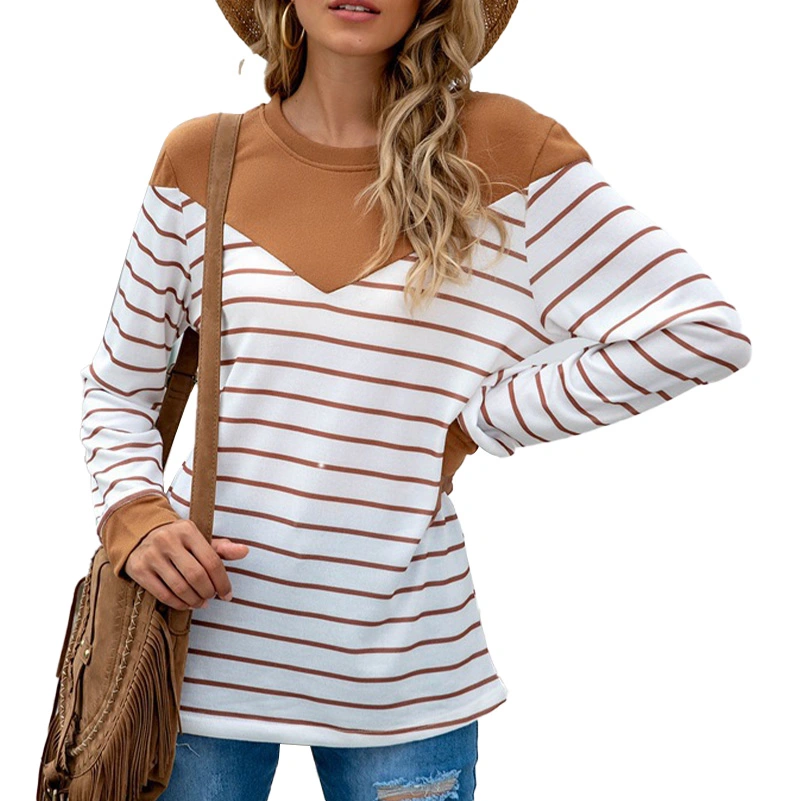 Loose Sweatshirt Top Round Neck Striped Design Breathable Skin Friendly Patchwork Women Long Sleeve Sweatshirt for Home Khaki XXL'