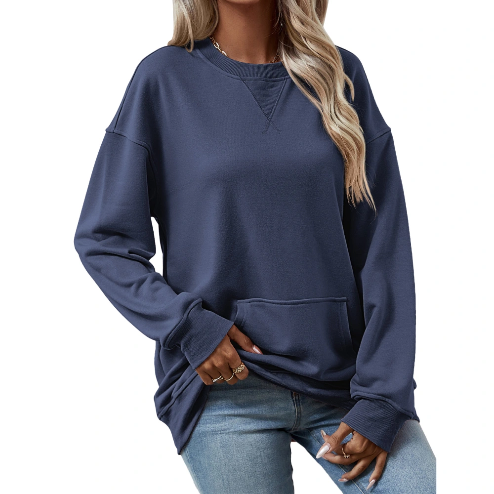 Women Casual Solid Sweatshirt with Pocket Round Neck Long Sleeve Pure Color Loose Stylish Pullover Sweatshirt Dark Blue L