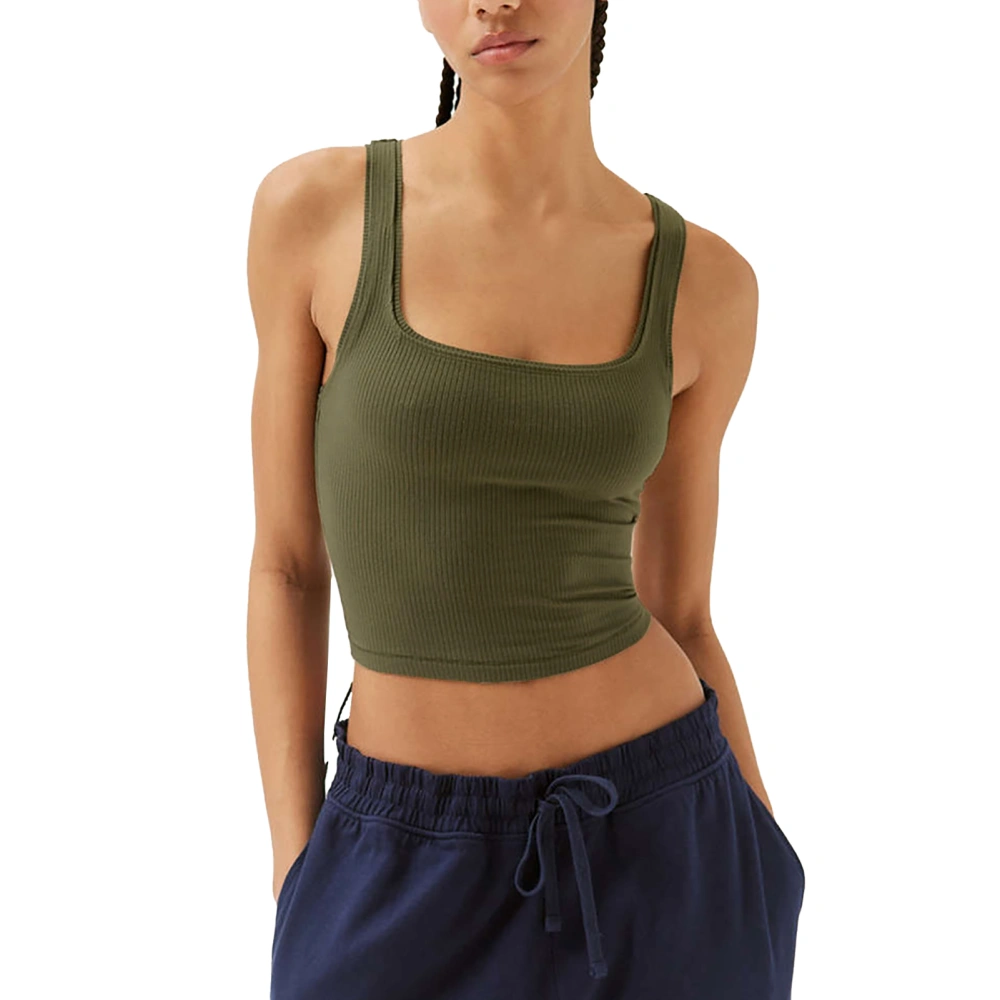 Women Sleeveless Tank Top Slim Fitting Pure Color Summer Wide Neck Vest for Daily Wear OD Green S