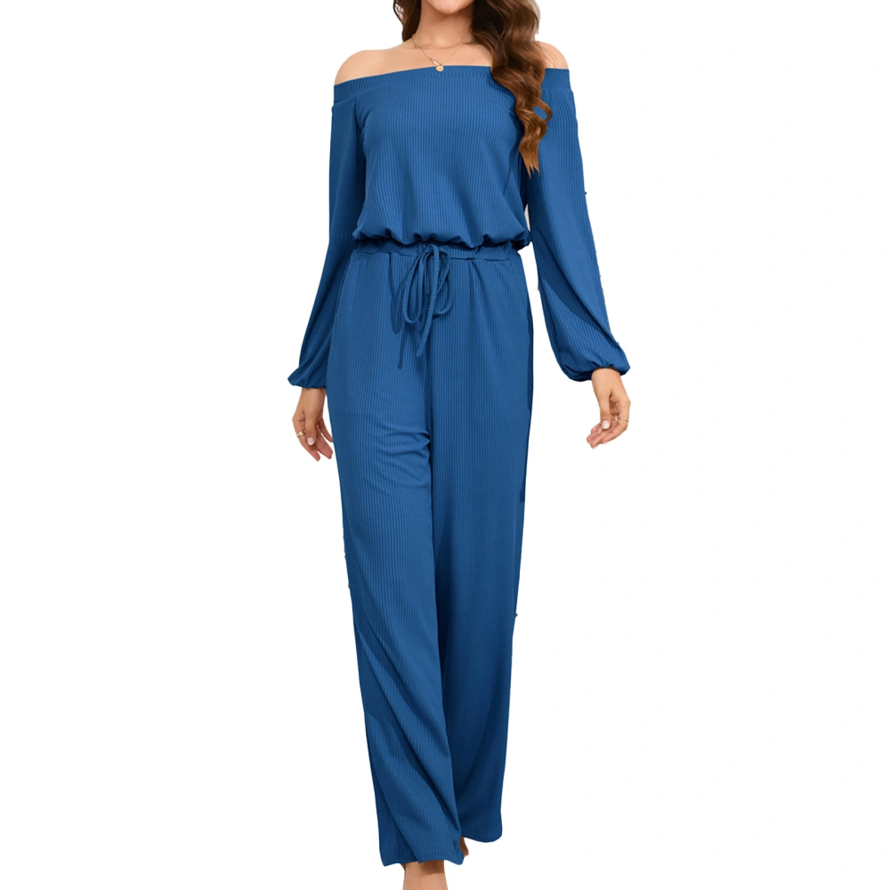 Woman Long Sleeve Casual Jumpsuit Elastic Waist Off The Shoulder Straight Long Pants One Piece Outfits Blue XL