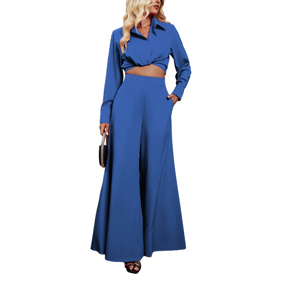 2 Pieces Long Sleeve Wide Leg Trousers Plain Color Fashionable Short Blouse Wide Leg Pants Set Blue M