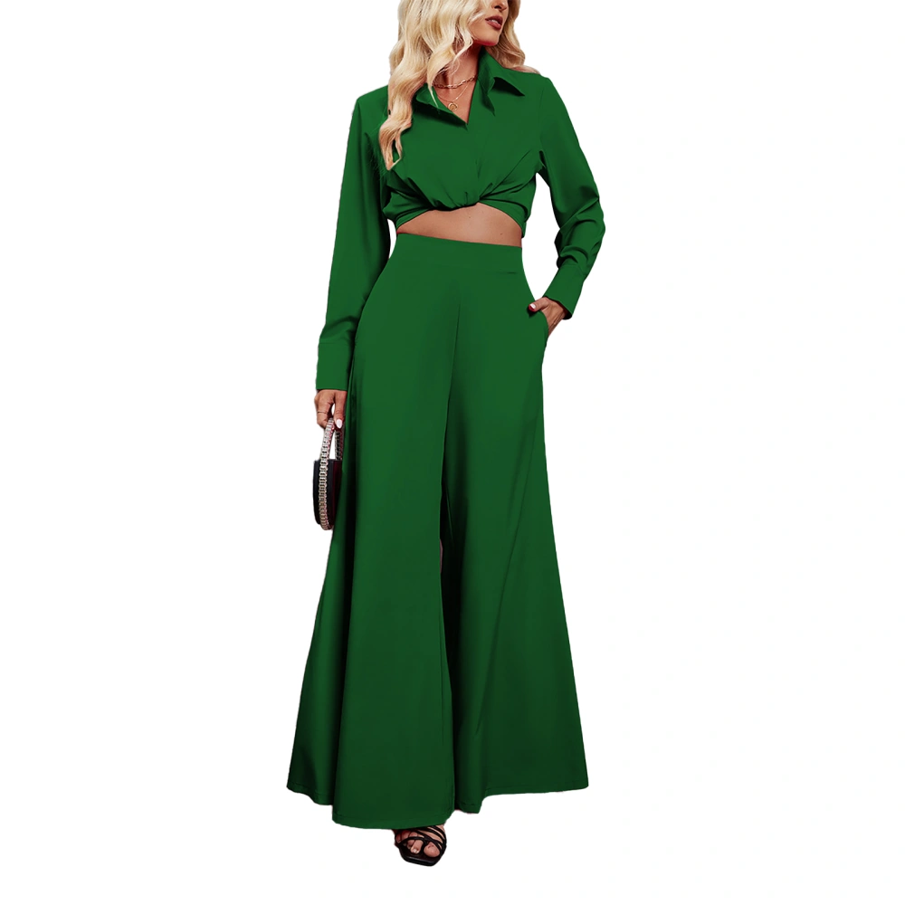 2 Pieces Long Sleeve Wide Leg Trousers Plain Color Fashionable Short Blouse Wide Leg Pants Set Green S