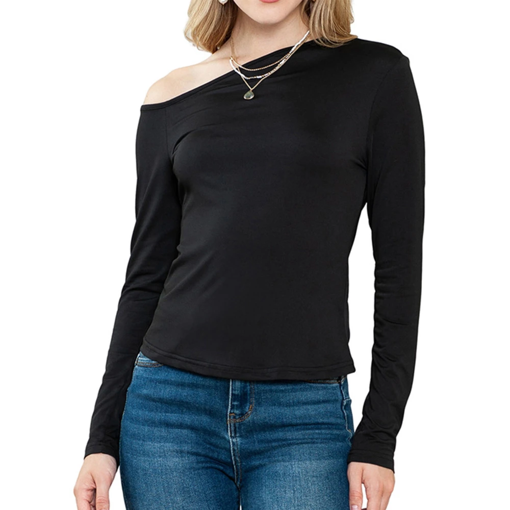 One Shoulder Long Sleeve Blouse Elastic Simple Fashionable Plain Color One Shoulder Blouse Black S