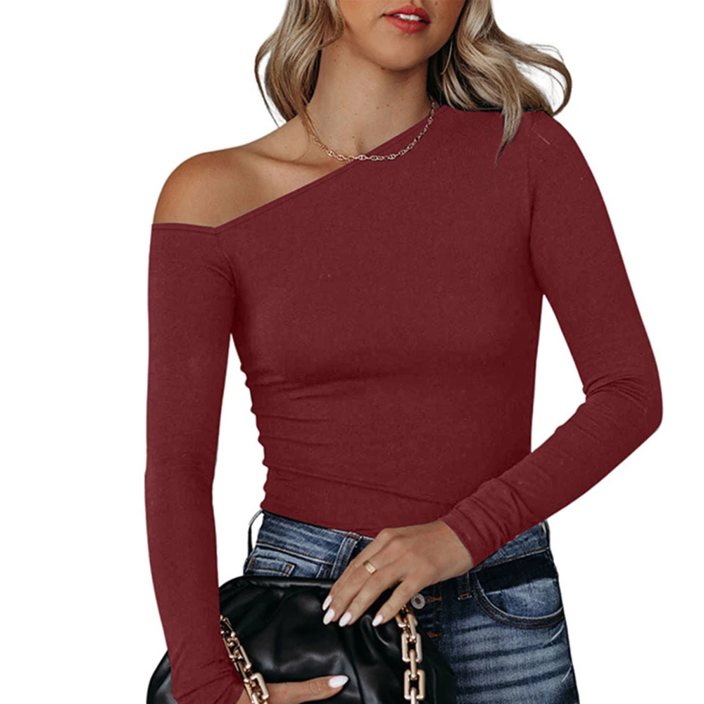 One Shoulder Long Sleeve Blouse Elastic Simple Fashionable Plain Color One Shoulder Blouse Red XXL