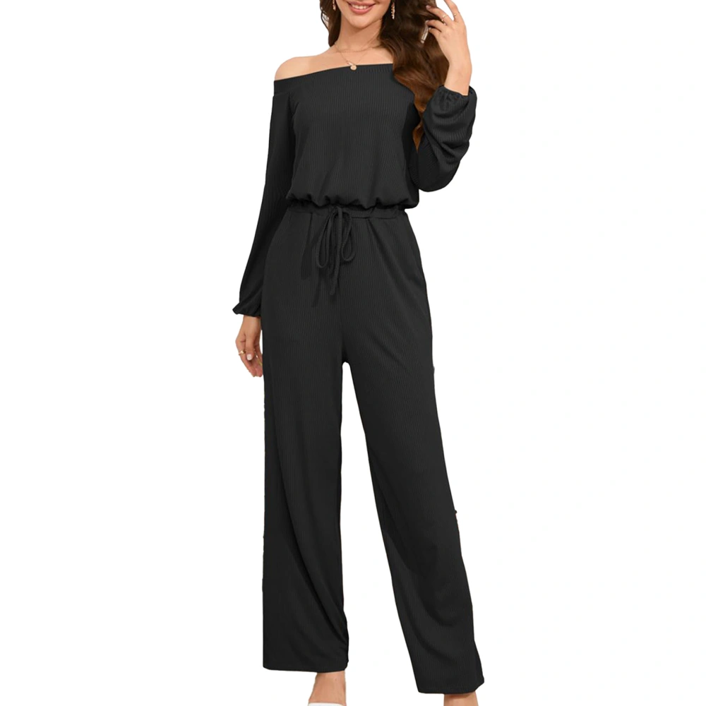 Woman Long Sleeve Casual Jumpsuit Elastic Waist Off The Shoulder Straight Long Pants One Piece Outfits Black L