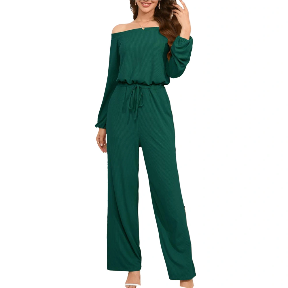 Woman Long Sleeve Casual Jumpsuit Elastic Waist Off The Shoulder Straight Long Pants One Piece Outfits Green S