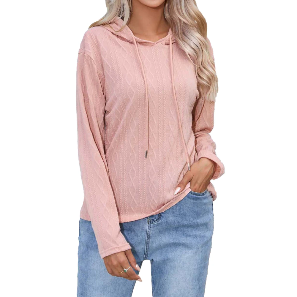 Women Hooded Top Drawstring Loose Casual Pure Color Fashionable Pullover Long Sleeve Sweatshirt for Shopping Party Pink XL