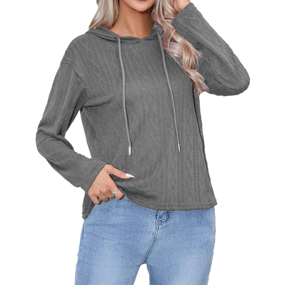 Women Hooded Top Drawstring Loose Casual Pure Color Fashionable Pullover Long Sleeve Sweatshirt for Shopping Party Gray L