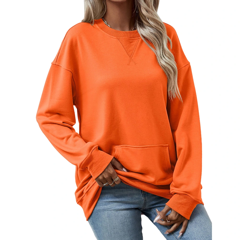 Women Casual Solid Sweatshirt with Pocket Round Neck Long Sleeve Pure Color Loose Stylish Pullover Sweatshirt Orange L