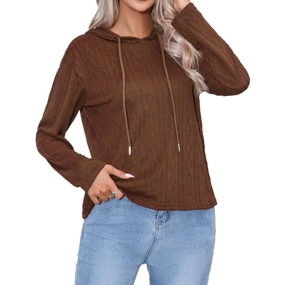 Women Hooded Top Drawstring Loose Casual Pure Color Fashionable Pullover Long Sleeve Sweatshirt for Shopping Party Dark Brown XXL