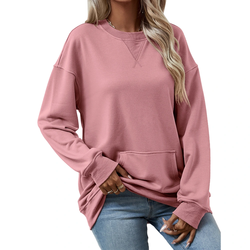 Women Casual Solid Sweatshirt with Pocket Round Neck Long Sleeve Pure Color Loose Stylish Pullover Sweatshirt Pink M