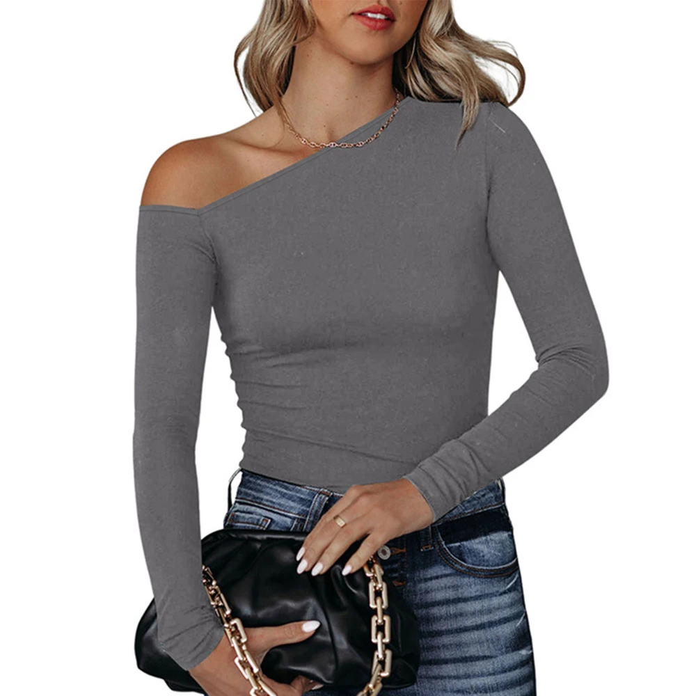 One Shoulder Long Sleeve Blouse Elastic Simple Fashionable Plain Color One Shoulder Blouse Grey XL