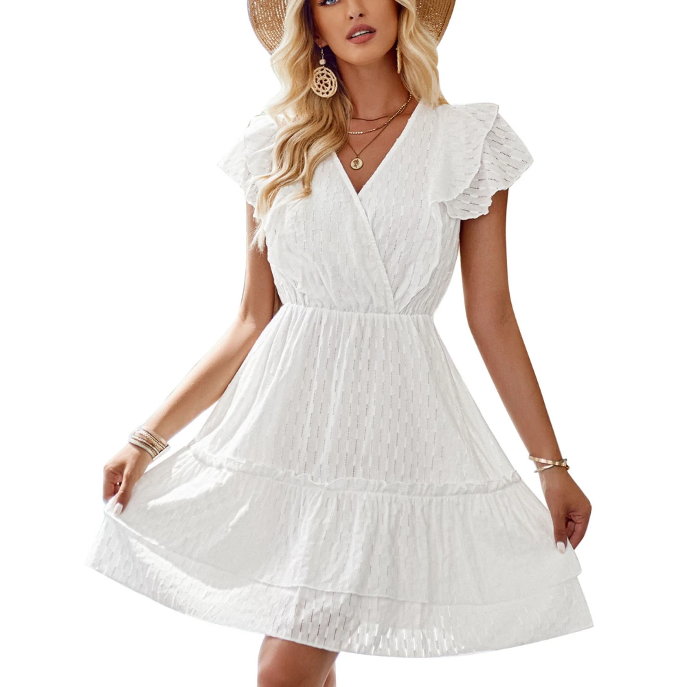 Wrap V Neck Short Dress Cinched Waist Frill Trim Pure Color Ruffle Sleeve Wrap V Neckline Dress White S