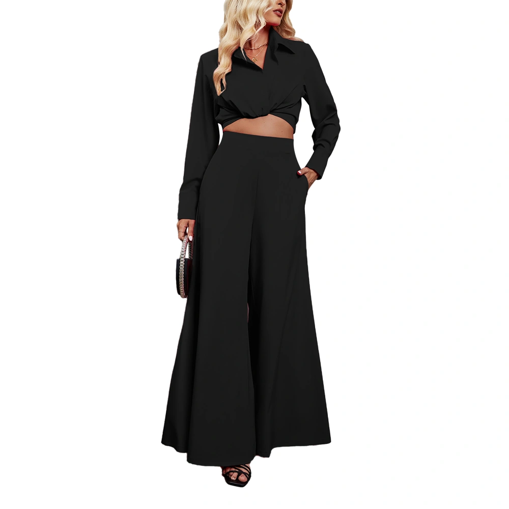 2 Pieces Long Sleeve Wide Leg Trousers Plain Color Fashionable Short Blouse Wide Leg Pants Set Black M