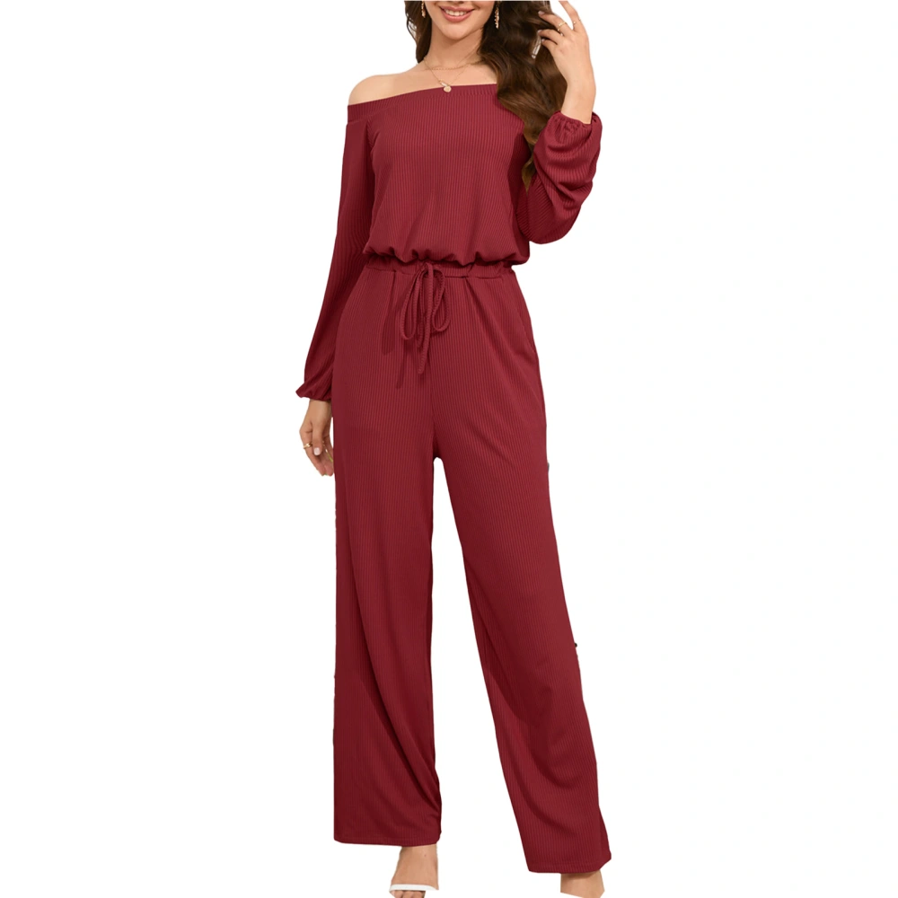 Woman Long Sleeve Casual Jumpsuit Elastic Waist Off The Shoulder Straight Long Pants One Piece Outfits Red S