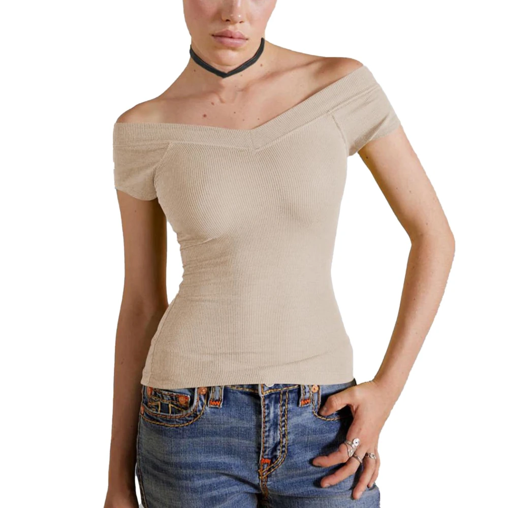 Women V Neck Slim Fit Top Pure Color Sleeveless Casual Breathable Ribbed Basic T Shirt Apricot S