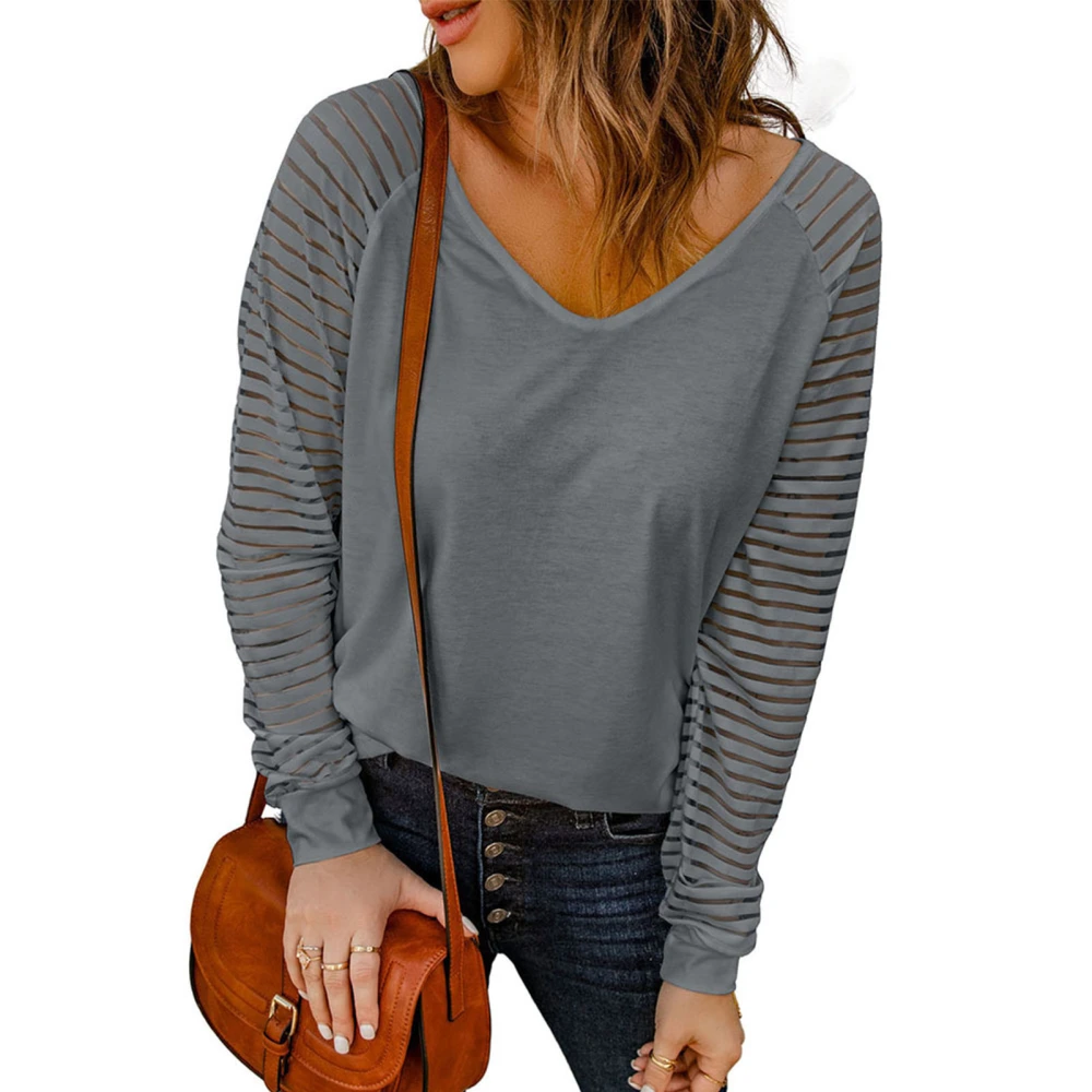 V Neckline Blouse Top Stitching Stripe Fashionable Hollow Long Sleeve Plain Color Blouse for Women Grey XXL