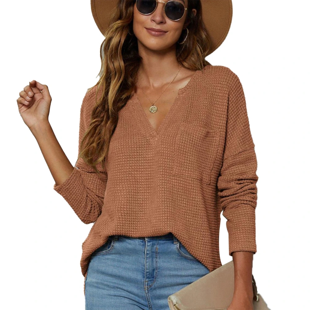 Women V Neck Solid Knit Shirt Pocket Long Sleeve Split Hem Knit Blouse Asymmetry Hem Pure Color Loose Top Brown XL