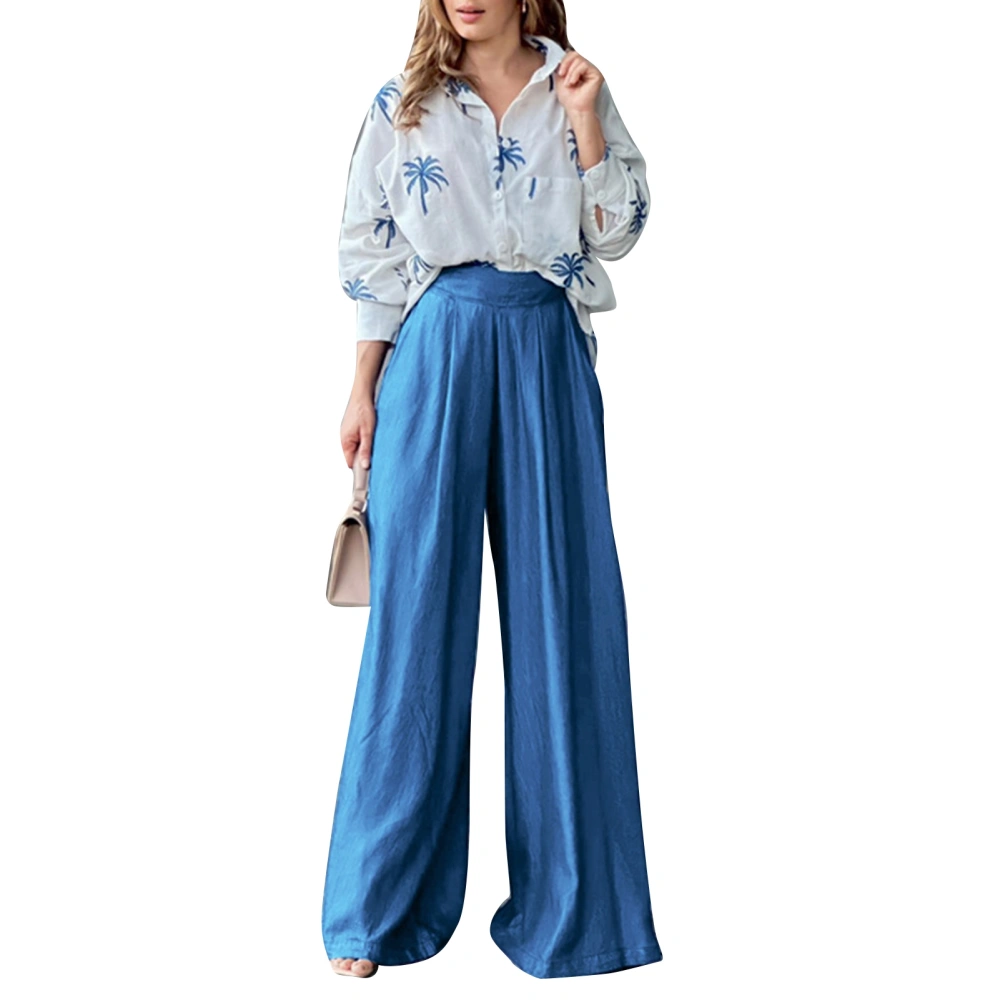 Women Two Piece Print Outfits Long Sleeve Button Up Top Wide Leg Pants Casual Turn Down Collar Shirt Pants Set Blue M