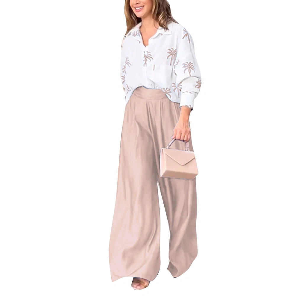 Women Two Piece Print Outfits Long Sleeve Button Up Top Wide Leg Pants Casual Turn Down Collar Shirt Pants Set Khaki L