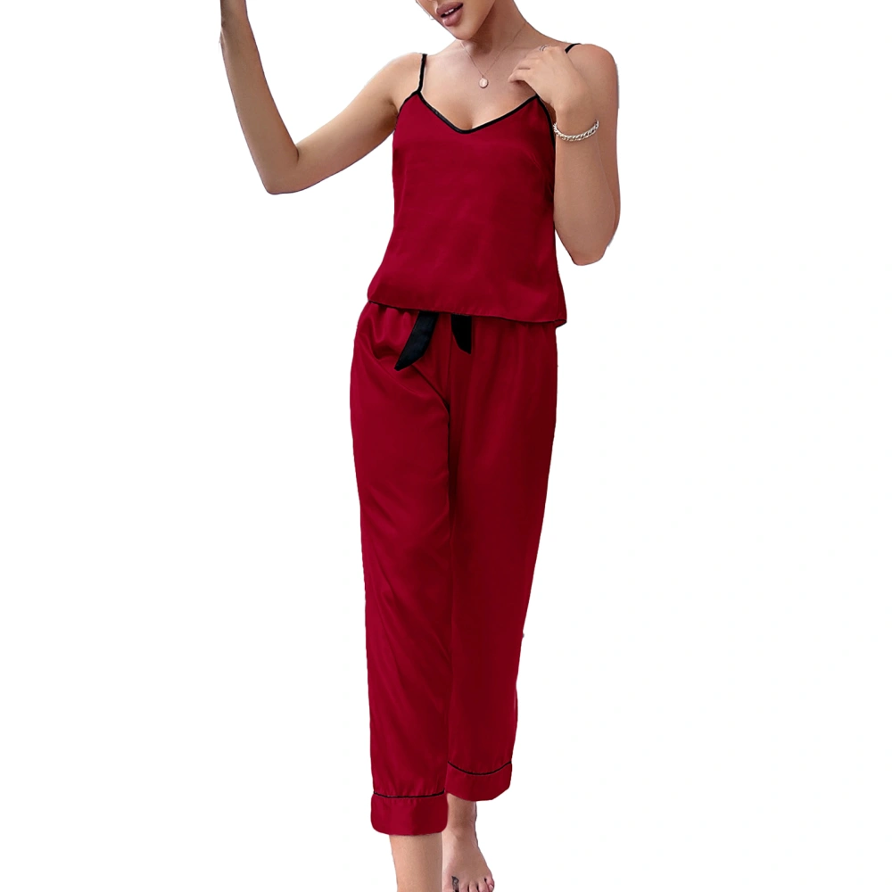 Women 2 Piece Pajama Set Camisole Top Long Pants Lightweight Loungewear Spaghetti Strap Elastic Waist Pants Homewear Set Red XL