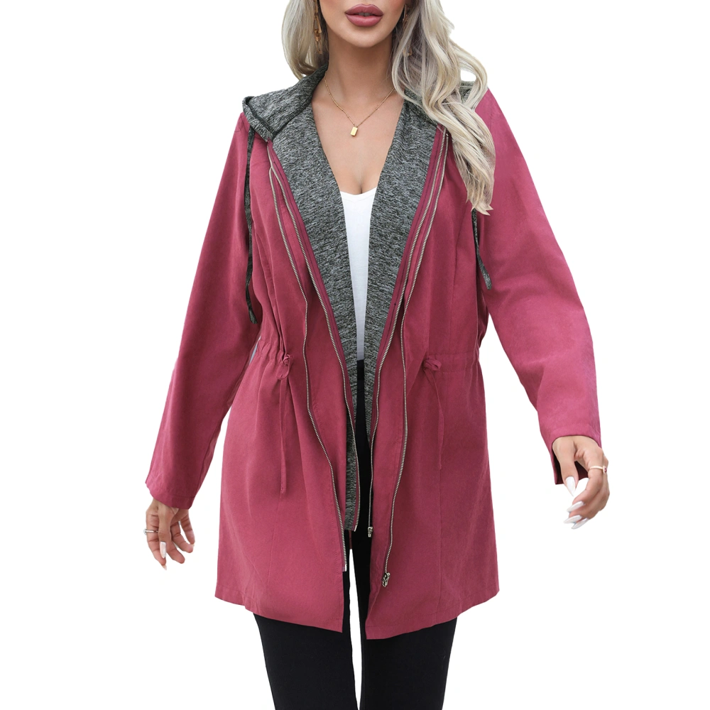 Long Dual Zipper Hoodie Coat Cinched Waist Drawstring Women Long Sleeve Hooded Jacket Burgundy M