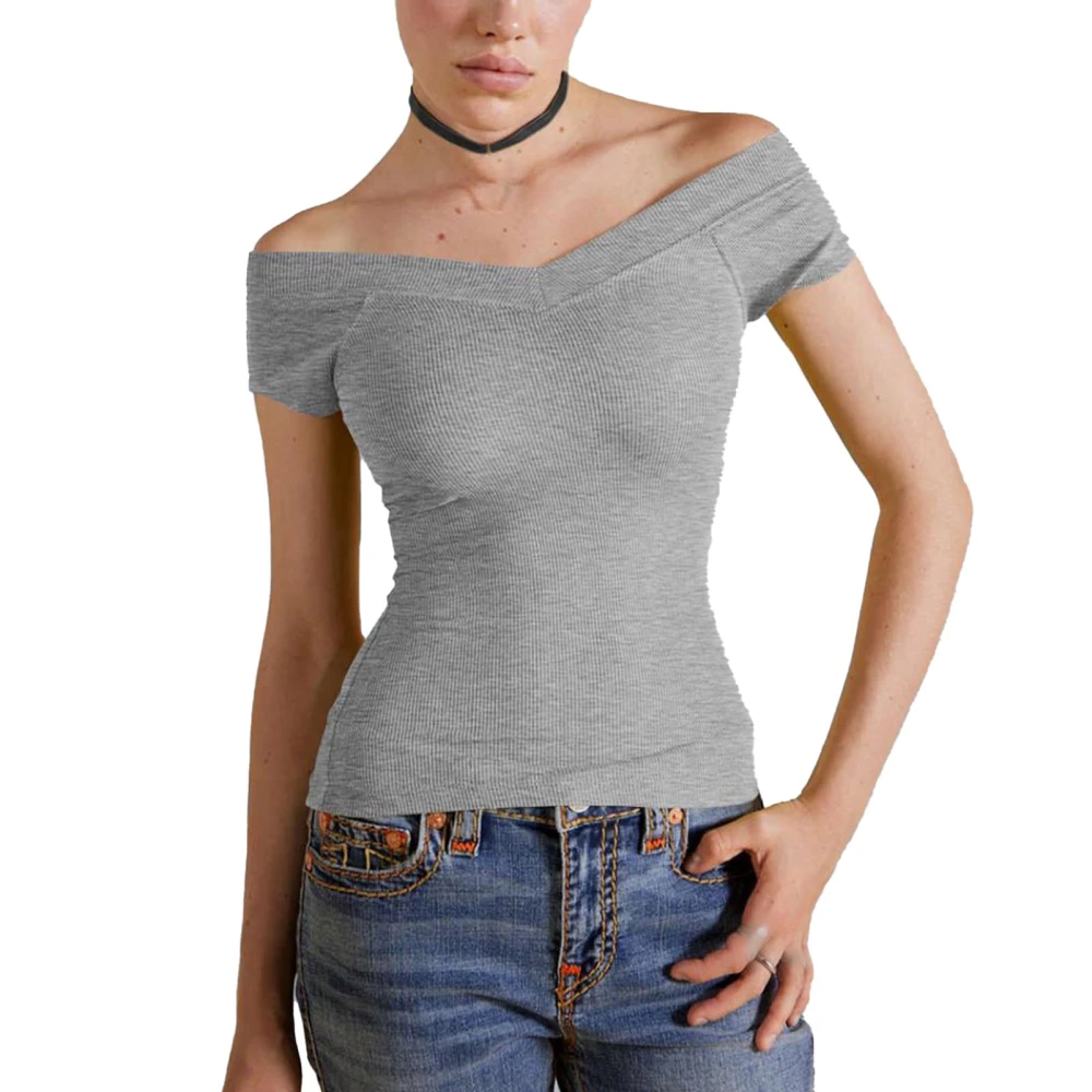 Women V Neck Slim Fit Top Pure Color Sleeveless Casual Breathable Ribbed Basic T Shirt Grayish XL